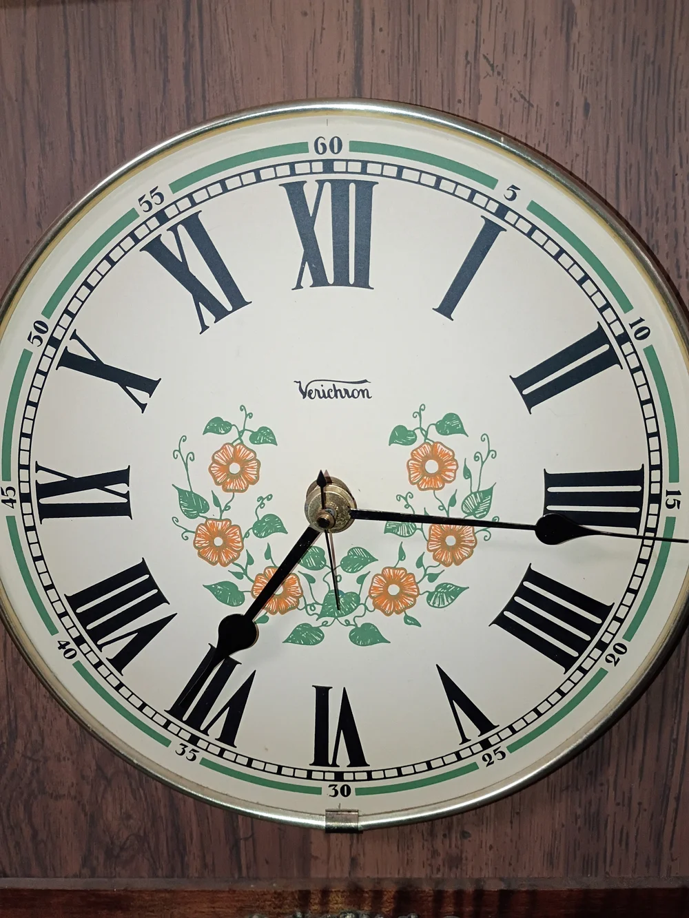 Vintage Verichron Cottagecore Wall Clock with Orange Floral Dial And Wood Case